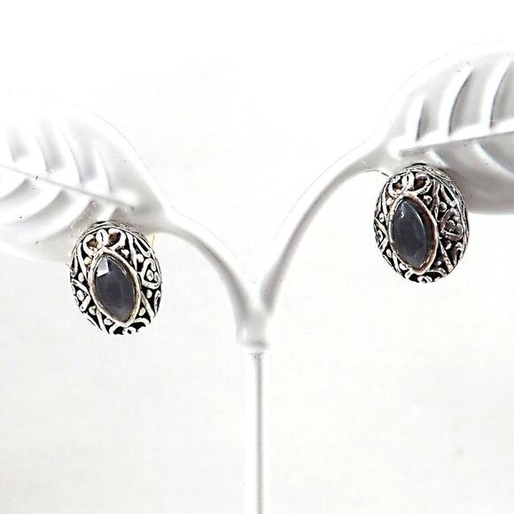Vintage Blue Rhinestone Filigree Post Earrings, 1/2 Inch - Picture 1 of 6